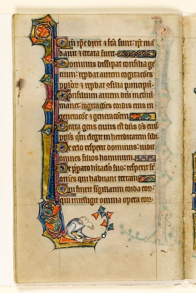 MS 1-2005, fol. 47v: Groteskní okrajová dekorace z Macclesfieldského žaltáře, Use of Sarum, East Anglia, c.1330 od English School