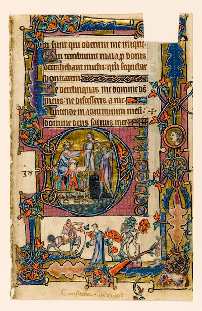 MS 1-2005, fol. 58r: Saul posílá Doega zabít kněze Noba, historická iniciála z Macclesfieldova žaltáře, Use of Sarum, East Anglia, kolem 1330 od English School