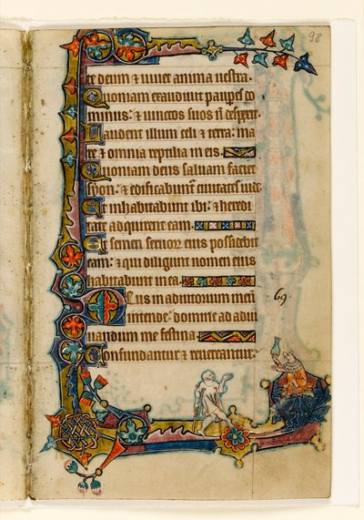 MS 1-2005, fol. 98r: A Beggar and a Wealthy Pig (?), okrajová dekorace z Macclesfieldského žaltáře, Use of Sarum, East Anglia, kolem 1330 od English School