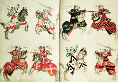MS Harley 4205 fol.31v-32 Rytíři s heraldickými znaky (vellum) od English School