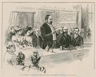 Emile Zola přednáší v sále Lincolns Inn v Londýně před Institutem novinářů. od English School