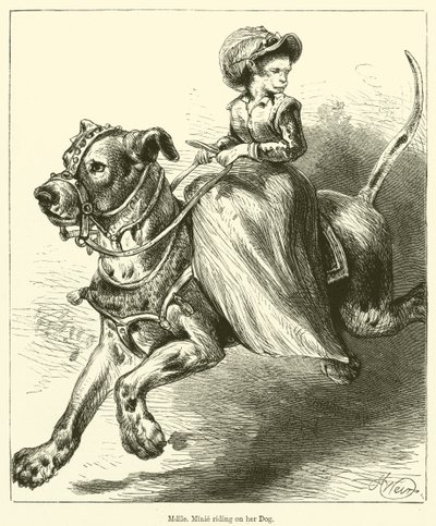 Mademoiselle Minie jede na svém psovi (rytina) od English School