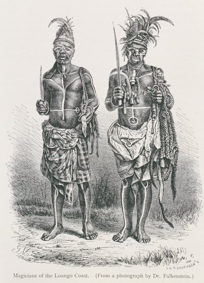 Mágové z pobřeží Loango, rytina z fotografie Dr. Falkensteina, z knihy "Dějiny lidstva", 1. díl, autor Prof. Friedrich Rayzel, 1896. od English School
