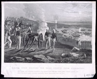 Major Eyre řídil Oude Rebels z Allahabad, publikoval The London Printing and Publishing Company Limited, 1857 od English School