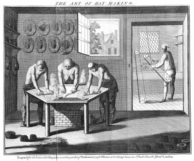 Výroba bobřích klobouků, z The Universal Magazine, Londýn, hospoda. v roce 1750 od English School