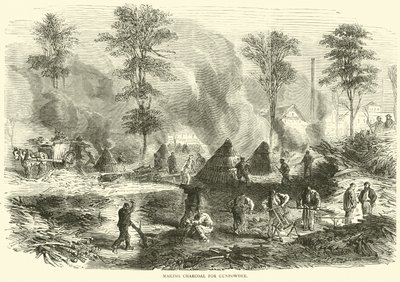 Výroba dřevěného uhlí pro střelný prach, říjen 1870 od English School