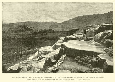 Mamutí horké prameny řeky Gardiners, národní park Yellowstone, Severní Amerika, s terasami z travertinu nebo vápencového tufu od English School