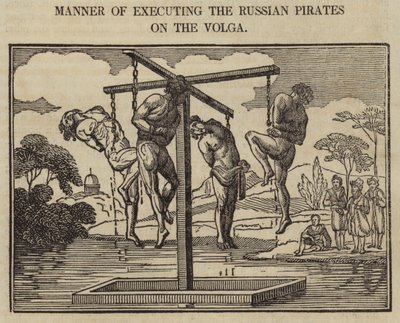 Způsob popravy ruských pirátů na Volze (rytina) od English School