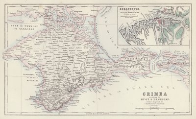 Mapa: Krym, podle Huot a Demidoff, nakreslil a vyryl J. Bartholomew, Edinburgh; Sebastopol, podle zmenšeného původního ruského plánu vydaného v Berlíně (barevná litografie). od English School