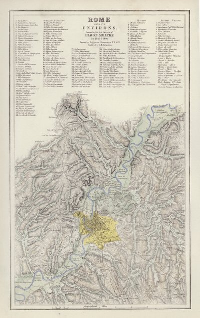 Mapa: Řím, s jeho okolím, podle průzkumu barona Moltkeho v letech 1845 a 1846, nakreslený Augustem Petermannem (barevně lito) od English School