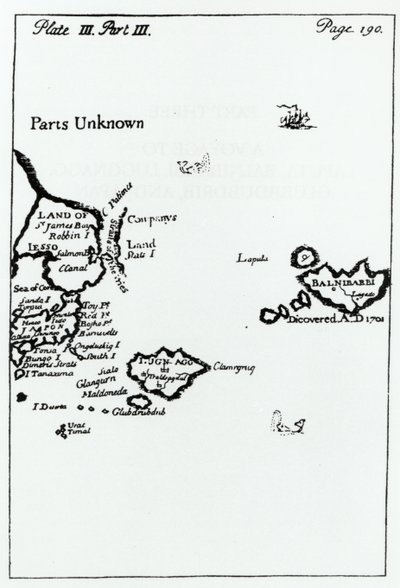 Mapa z Gullivers Travels od Jonathana Swifta (1667-1745) od English School