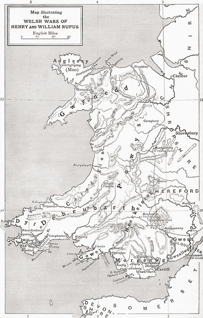 Mapa znázorňující velšské války Williama Rufuse a Jindřicha I., z „Krátké historie anglického lidu“ od J. R. Greena, vydané v roce 1893 od English School
