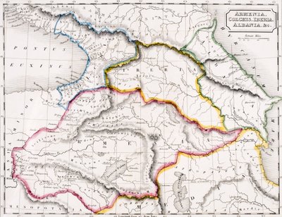 Mapa Arménie, Kolchidy, Ibérie a Albánie, z „Atlasu starověké geografie“, od Samuela Butlera, publikovaná v Londýně, kolem roku 1829 (barevné litho) od English School