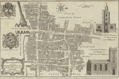 Mapa Billingsgate a Bridge wards, Londýn od English School
