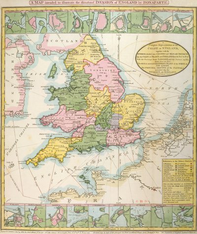 Mapa Británie, znázorňující ohroženou invazi Napoleona Bonaparte (1769-1821) 1803 (barevné lito) od English School