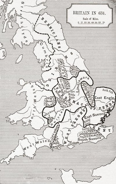 Mapa Británie v roce 634, od The Northumbrian Kingdom 588 až 685 v „Krátké historii anglického lidu“ od J. R. Greena, vydané v roce 1893 od English School