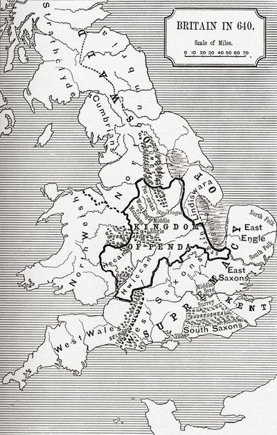 Mapa Británie v roce 640, z Northumbrijského království v „Krátké historii anglického lidu“ od J. R. Greena, publikované v roce 1893 od English School