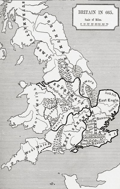 Mapa Británie v roce 665, od The Northumbrian Kingdom 588 až 685 v „Krátké historii anglického lidu“ od J. R. Greena, vydané v roce 1893 od English School