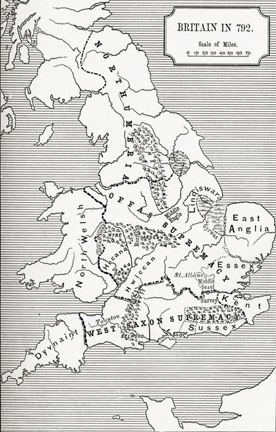 Mapa Británie v roce 792, od Tří království 685 až 828 v „Krátké historii anglického lidu“ od J. R. Greena, vydané v roce 1893 od English School