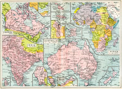 Mapa britského majetku v roce 1914 při vypuknutí první světové války, z The British Empire Universities Modern English Illustrated Dictionary, pub.1914 od English School