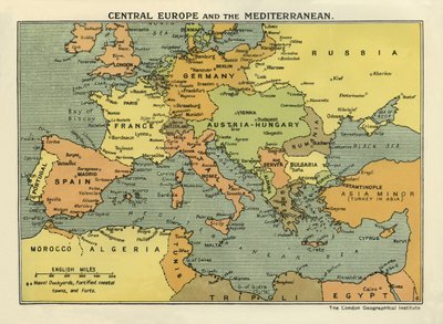 Mapa střední Evropy a Středomoří z knihy "The History of the Great European War, Vol. III" (tisk) od English School