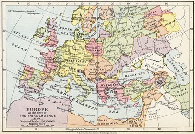 Mapa Evropy v době třetí křížové výpravy, 1190, z „Historického atlasu“, vydaného W. und A.K. Johnston Limited, 1911 od English School