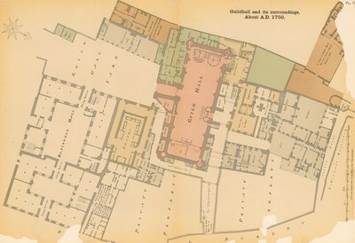 Mapa Guildhall, Londýn a okolí kolem roku 1750 od English School