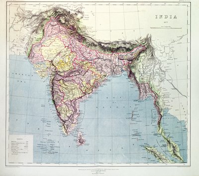 Mapa Indie, zveřejněná pod vedením plukovníka H.R. Thuillier, R.E., Surveyor General of India, 1877 od English School