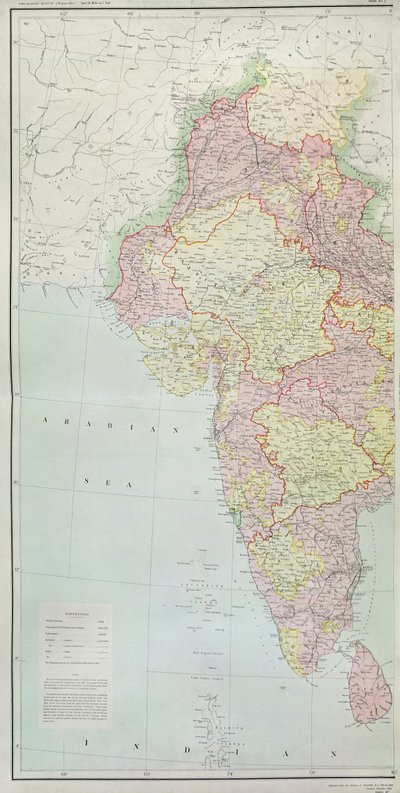 Mapa Indie, vydaná pod vedením plukovníka H.R. Thuilliera, R.E., generálního inspektora Indie, 1877. od English School