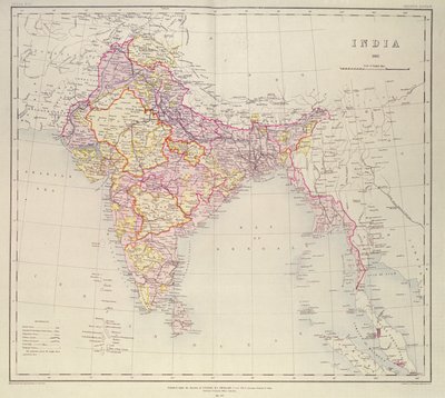 Mapa Indie, zveřejněná pod vedením plukovníka H. R. Thuillier, R.E., Surveyor General of India, 1882 od English School