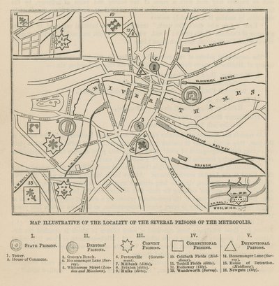 Mapa londýnských věznic od English School