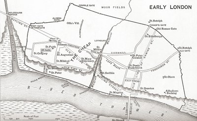 Mapa Londýna v 11. století z „Krátké historie anglického lidu“ od J. R. Greena, vydané v roce 1893 od English School