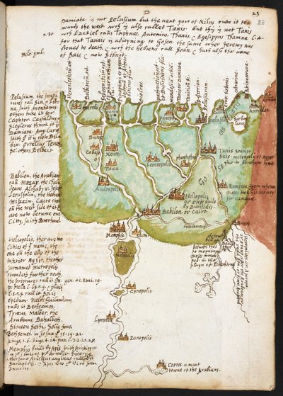 Mapa Dolního Egypta, ze Zápisníku sira Waltera Raleigha (1552-1618), kolem 1606-08 (pero a inkoust na papíře) od English School