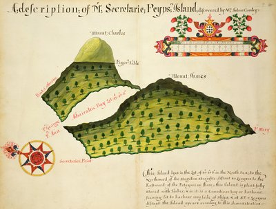 Mapa Secretaire a Pepysových ostrovů v Magellanově průlivu, cca 1628 (pero, inkoust a akvarel na papíře) od English School