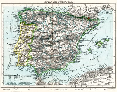 Mapa Španělska a Portugalska z Milnerovy zeměpisné galerie, cca 1872 (barevná litografie) od English School