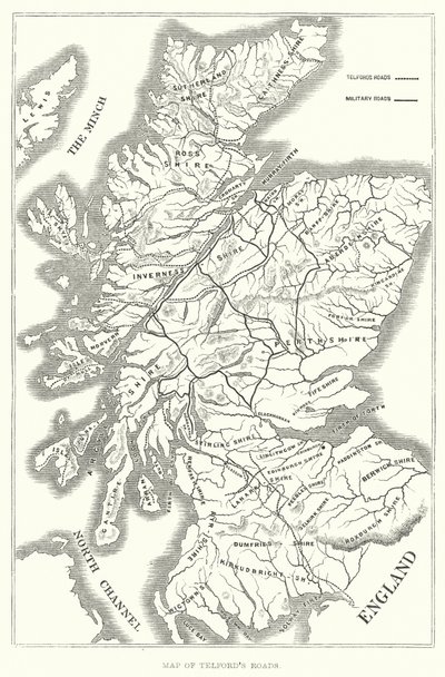 Mapa telfordských silnic (rytina) od English School