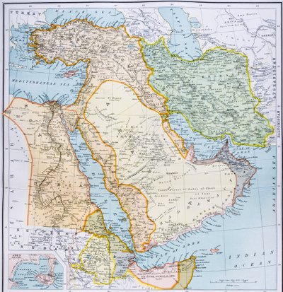 Mapa Turecka, Blízkého východu, Afrického rohu a Perského zálivu v 90. letech 19. století, z „Občanského atlasu světa“, vydaného v Londýně kolem roku 1899 od English School