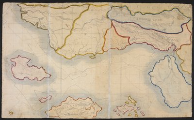 Mapa Verdopolis nebo Skleněného města; imaginární země, ilustrace z „Dějiny mladých mužů od jejich prvního osídlení až po současnost“ od Patricka Branwella Bronteho a jeho sestry Charlotte (tužka s akvarelem na papíře) od English School