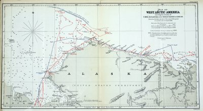 Mapa západní arktické Ameriky zobrazující stopy HMS Enterprise a Investigator v letech 1850-1854 od English School