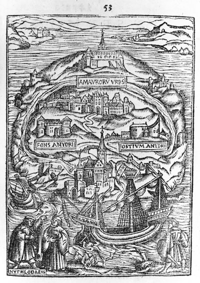 Mapa ostrova Utopie, frontispis knihy, 1563 od English School