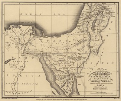 Mapa cest a táborů Izraelitů z Egypta do Kanaánu přes poušť (rytina) od English School
