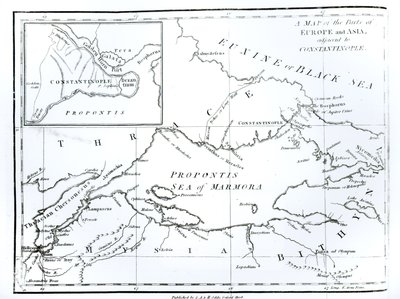 Mapa částí Evropy a Asie přiléhajících ke Konstantinopoli, z knihy "Dějiny úpadku a pádu Římské říše", 9. díl, autor Edward Gibbon, 1808. od English School
