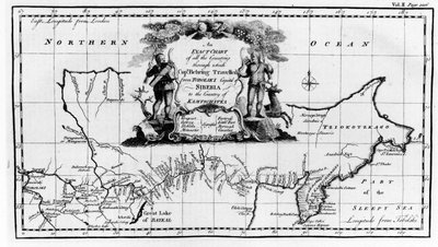 Mapa trasy, kterou šel Vitus Bering (1681-1741) přes Sibiř na Kamčatku, z Navigantium atque Itinerantium Bibliotheca zveřejněná 1744 od English School