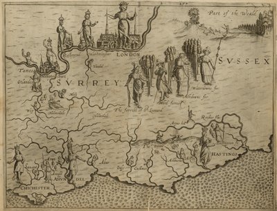 Mapa jihu Anglie, včetně Londýna, Surrey a Sussexu od English School
