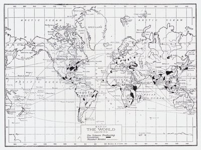 Mapa světa zobrazující země produkující tabák od English School