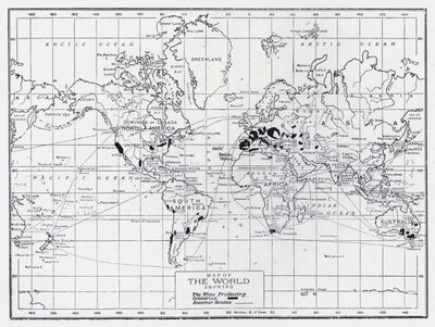 Mapa světa zobrazující země produkující víno (litho) od English School