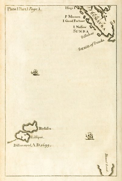 Mapa zobrazující polohu Lilliputu z prvního vydání Cesty do několika vzdálených národů světa, které jsou známější jako Gullivers Travels od Jonathana Swifta od English School
