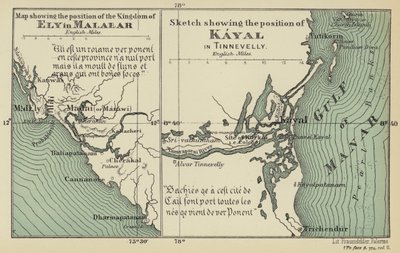 Mapa znázorňující polohu království Ely v Malabaru, náčrtek znázorňující polohu Kayalu v Tinnevelly (barevná litografie) od English School