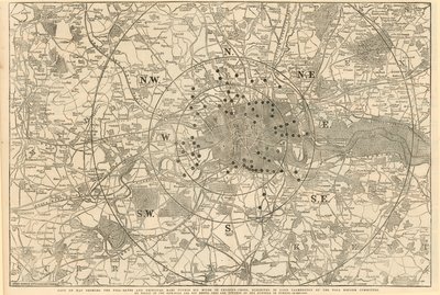 Mapa zobrazující mýtné brány a hlavní mýtné brány v okruhu 6 mil od Charing Cross, předložená lordu Palmerstonovi Výborem pro reformu mýtného. od English School