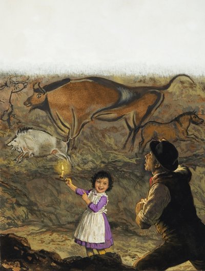 Marcelino Sanz de Sautuola (1831-88) a jeho dcera Maria objevují jeskynní malby v Altamíře (kvaš na papíře) od English School